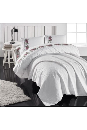 Buldan Handicraft Authentisches, mit Kreuzstich genähtes, fliederfarbenes, besticktes Bettlaken aus weißem Piqué-Doppelbett, Set 223 - Durul