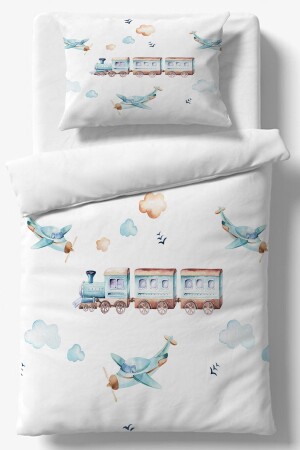 Clouds Airplane Train Patterned Single Children's Duvet Cover Set elsedekorcocnevx15 - Else Dekor