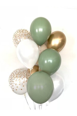 Bunch of 10 Mold Green Balloons Chrome Gold 3 Mold Green + 3 White + 2 Chrome Gold + 2 Transparent Balloons - Parti Dolabı