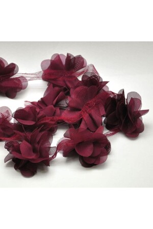 Burgundy 1m Rose Laser Cut Flower 12-13 Pieces Organza Tulle Edge Ornament Textile Design Fabric Artificial Ornament - Aker Hediyelik