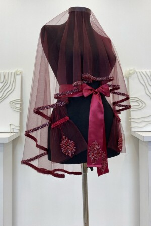 Burgundy Bridal Veil Set - Glass Bead and Sequin Printed Henna Veil Set 6 Pieces - Zeymerade