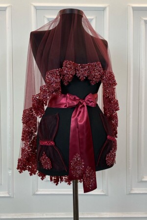 Burgundy Bridal Veil Set - Glass Bead and Sequin Printed Henna Veil Set 6 Pieces - Zeymerade
