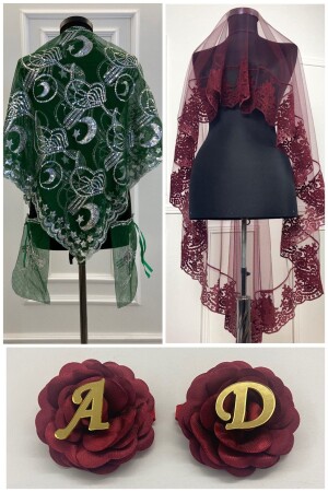 Burgundy Henna Veil. Bride Veil Set - Hand Rose - Groom Shoulder Cover - 9 Piece Set - Zeymerade