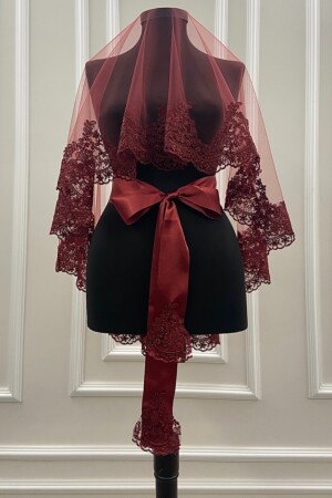 Burgundy Lace Bridal Veil, Gloves Sash, Complete Set ELEGANT - ZEYMERADE