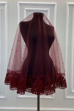 Burgundy Pearl Flock Print Glitter Bridal Veil Set - Zeymerade