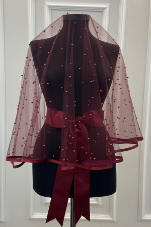Burgundy Piping and Plenty of Pearls Bridal Veil Set - Zeymerade