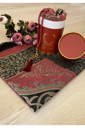 Burgundy Prayer Rug Set with Dowry Gift Box Luxury Taffeta Prayer Rug - Ayhanhome