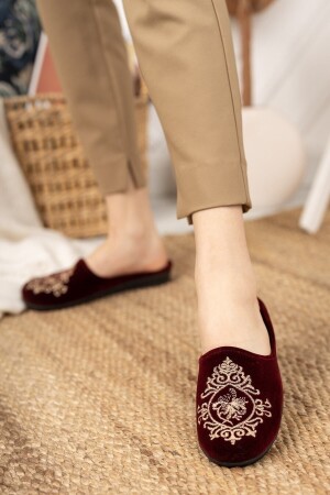Burgundy Tile Damen-Hausschuhe für den Winter, weiche, bequeme Hausschuhe, bestickte Mitgift-Bundle-Hausschuhe - Modafırsat