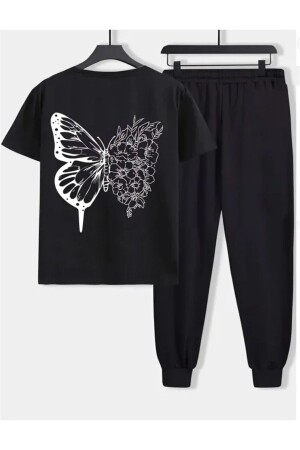 Butterfly-Jogginghose-T-Shirt – Schwarzes Jogger-T-Shirt unten oben, Trainingsanzug-Set, übergroßer Rundhalsausschnitt - Modern Moda
