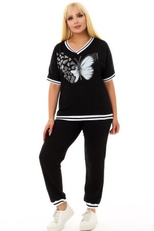 Butterfly Pattern Stone Embroidered Short Sleeve V-Neck Pocket Comfortable Tracksuit with Elastic Waistband and Lacing - Kheos