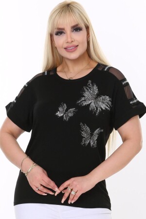 Butterfly Pattern Stone Printed Shoulder Tulle Stripe Short Sleeve Round Neck Comfortable Lycra Flexible Plus Size Blouse - Kheos