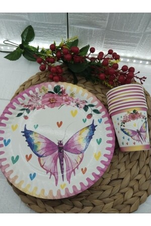 Butterfly Themed Birthday Cardboard Plate Cup for 8 People - Deniz Party Store