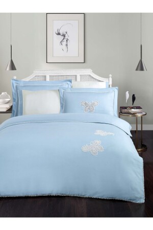 Butterfly V.1 %100 Pamuk Saten Nevresim Takımı Lastikli Çarşaf King Size (XL) Gök Mavi Beyaz FL009 - Silkarea