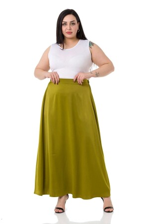 Büyük Beden Beli Arkadan Lastikli Kloş Saten Uzun Fıstık Yeşili Etek - Disentis Modest