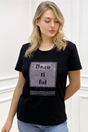 Büyük Beden Bisiklet Yaka Crystal Taşlı Siyah Şık Rahat Pamuklu Kısa Kol Kadın T-shirt - Rich Glam