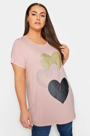 Büyük Beden Bisiklet Yaka Kısa Kollu Parıltılı Baskılı T-shirt 302269 - Stil Diva