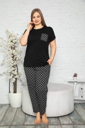 Büyük Beden Bisiklet Yaka Puantiye Desenli Kısa Kollu Battal Beden Pijama Takımı 16134 - Myben