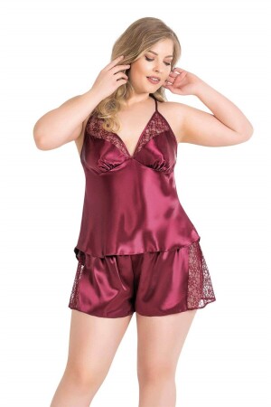 Büyük Beden Bordo Saten Babydoll Şort Takımı 1059 - Primoda