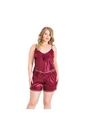 Büyük Beden Bordo Saten Babydoll Şort Takımı - Narnuga