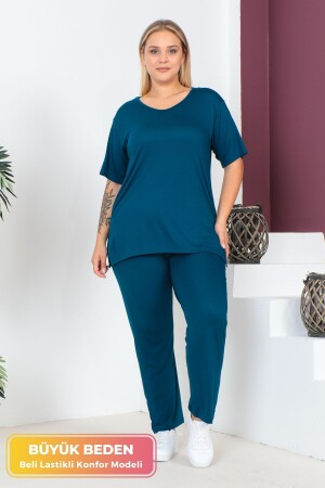 Büyük Beden Konfor Modeli 2'li Takım Beli Lastikli Pantolonlu Tunik T-Shirt İkili Alt-Üst Takım - Tarzımsüper