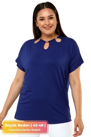 Büyük Beden Konfor Modeli Şık Yaka Detaylı Pamuklu Curve Kısa Kollu Yazlık Abiye Tunik T-shirt - Tarzımsüper