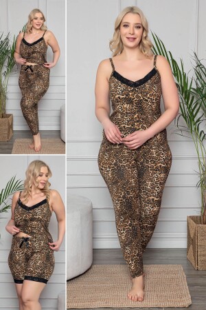Büyük Beden Leopar Desenli Dantel Detaylı Şortlu Ve Taytlı Pijama Takımı 3'lü Set 80013 - Myben