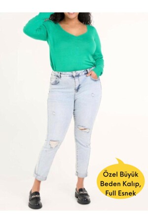 Büyük Beden Likralı- Ithal- Yüksel Bel Eskitme Jean - Elegant