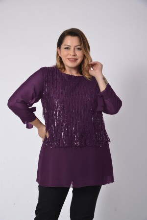 Büyük Beden Mürdüm Renkli Pul Payetli Şifon Bluz - Lilas Xxl