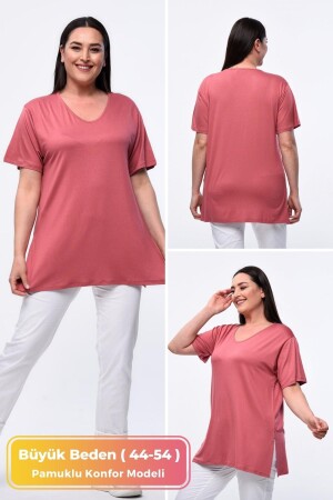 Büyük Beden Organik Pamuklu Yandan Yırtmaçlı Likralı Konfor Modeli Kısa Kollu Spor Ve Günlük T-shirt - Tarzımsüper