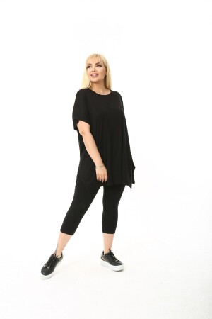 Büyük Beden Örme Viskon Siyah Salas T-shirt - Çiftxl