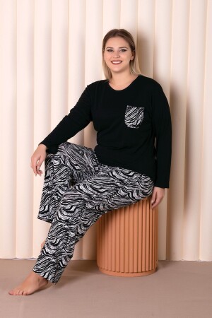 Büyük Beden Siyah Renkli Zebra Desenli Cepli Uzun Kollu Battal Pijama Takımı B-3 - Myben