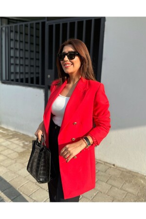 Büyük Beden Uzun Gold Düğmeli Kırmızı Renk Blazer Ceket - Ashley