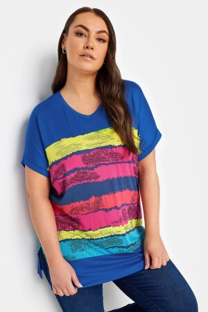 Büyük Beden V Yaka Kısa Kollu Çizgili T-shirt 302951 - Stil Diva