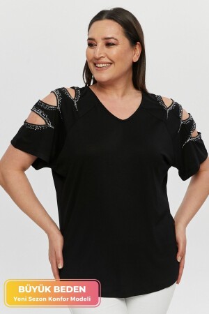 Büyük Beden Yeni Sezon Kolları Pullu Konfor Modeli Kısa Kollu V Yaka Şık Penye Tunik T-Shirt - Tarzımsüper
