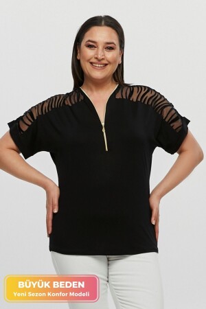 Büyük Beden Yeni Sezon Kolu Transparan Fermuarlı Konfor Modeli Kısa Kollu Penye Tunik T-Shirt - Tarzımsüper