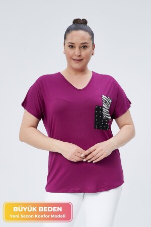 Büyük Beden Yeni Sezon Rahat Konfor Modeli Cep Detaylı Kısa Kollu V Yaka Penye Tunik T-Shirt - Tarzımsüper