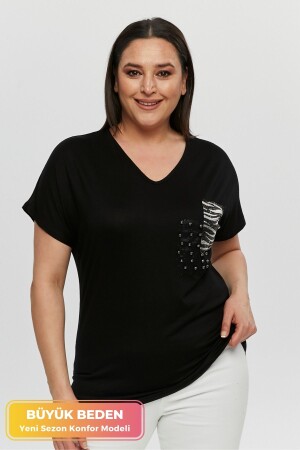 Büyük Beden Yeni Sezon Rahat Konfor Modeli Cep Detaylı Kısa Kollu V Yaka Penye Tunik T-Shirt - Tarzımsüper
