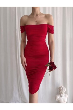 By Seven Sail Kırmızı Drapeli Düşük Omuzlu Abiye Elbise 1700 - by eymen design
