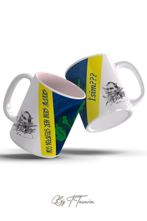 BY T DESIGN Gelber, marineblauer, von Atatürk entworfener, personalisierter Becher mit darauf geschriebenem Namen FENERBAHÇE-1007 - By T Tasarım