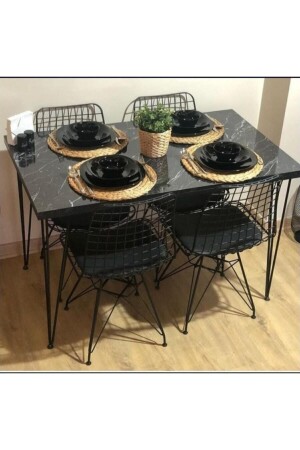 Byk Mobilya Marble Look Table Chair Set 4 Pieces Wire Chair Table Set 70x110 - Can Concept
