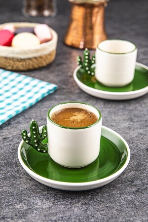 Cactus 2 Pieces Handmade 110 Ml Turkish Coffee Cup Green Plate, Espresso, Gift Cup TSK-003-K - Doreline