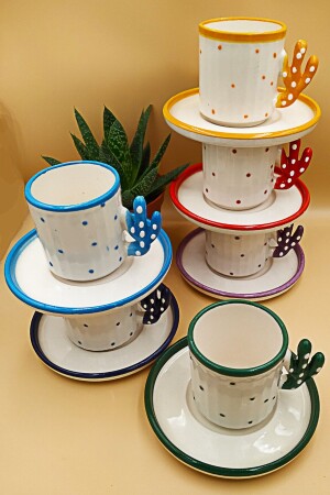 Cactus 90 ml Turkish Coffee Ceramic Cup Set for 6 People - Hand Made - Produced in Kutahya 6 MRM KHV TK - Otogar Çini