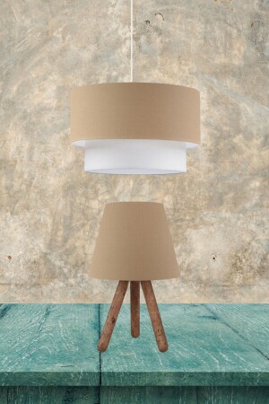 Cake Pendant Lamp Chandelier And Tripod Wooden Leg Lampshade Double Set Brown AAGK9009 - Art&Gift