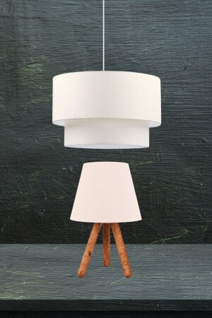 Cake Pendant Lamp Chandelier And Tripod Wooden Leg Lampshade Double Set Cream AAGK9009 - Art&Gift