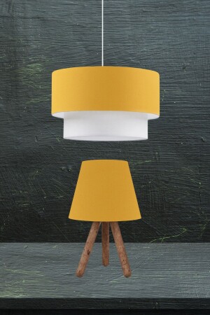 Cake Pendant Lamp Chandelier And Tripod Wooden Leg Lampshade Double Set Yellow AAGK9009 - Art&Gift