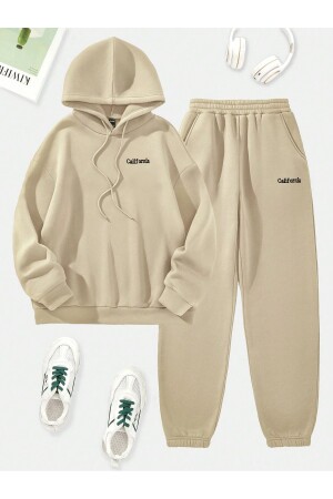 California Yazı Sweatshirt Eşofman Altı Jogger - Bej Baskılı Alt Üst Eşofman Takımı Kapüşonlu - Cool Art