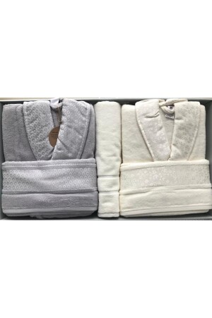 Camellia Gray Cream Family Bathrobe Set + Bath Mat 4542 - Özdilek