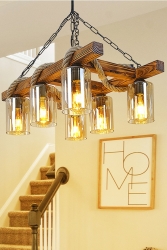 Camlı Merdiven Halatlı Oturma Odası Salon Yemek Odası Otantik Mekan Ahşap Avize STN1002 - NOONLUX DESIGN&LIGHTING