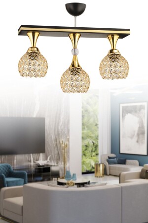 Cansu 3lü Kristal Top Siyah Gold Detaylı Modern Aydınlatma 3020 - KUZEY AYDINLATMA