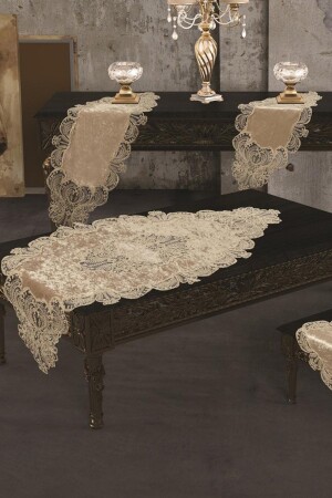 Cappucino French Laced Jasmine Velvet Living Room Set 5 Pieces 161875 - Çeyiz Diyarı